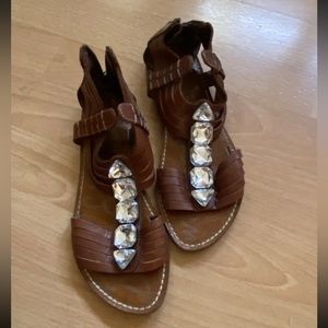 SAM EDELAM CALINA 7M brown leather gladiator sandals with jewel rhinestone tan